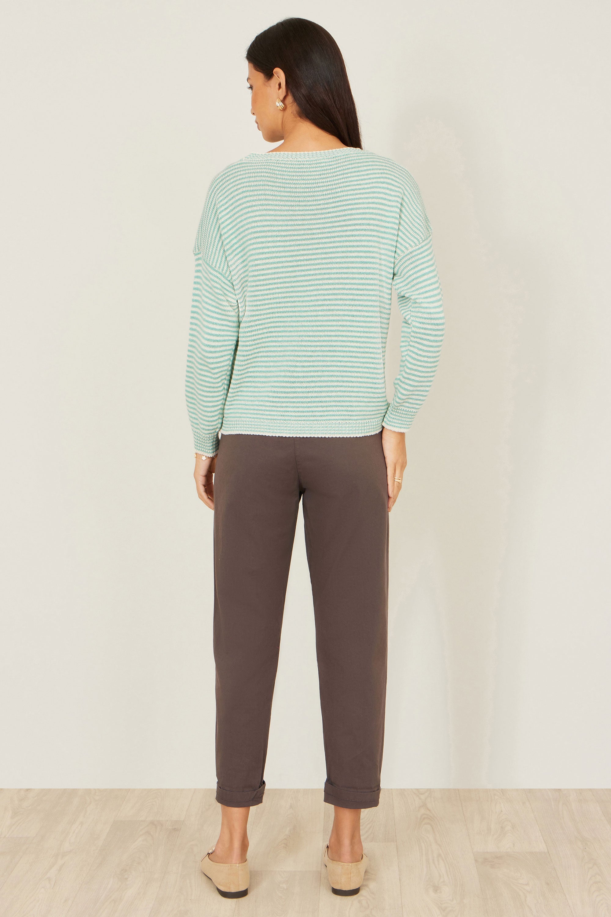 Yumi Sea Green Knitted Stripe Relaxed Jumper
