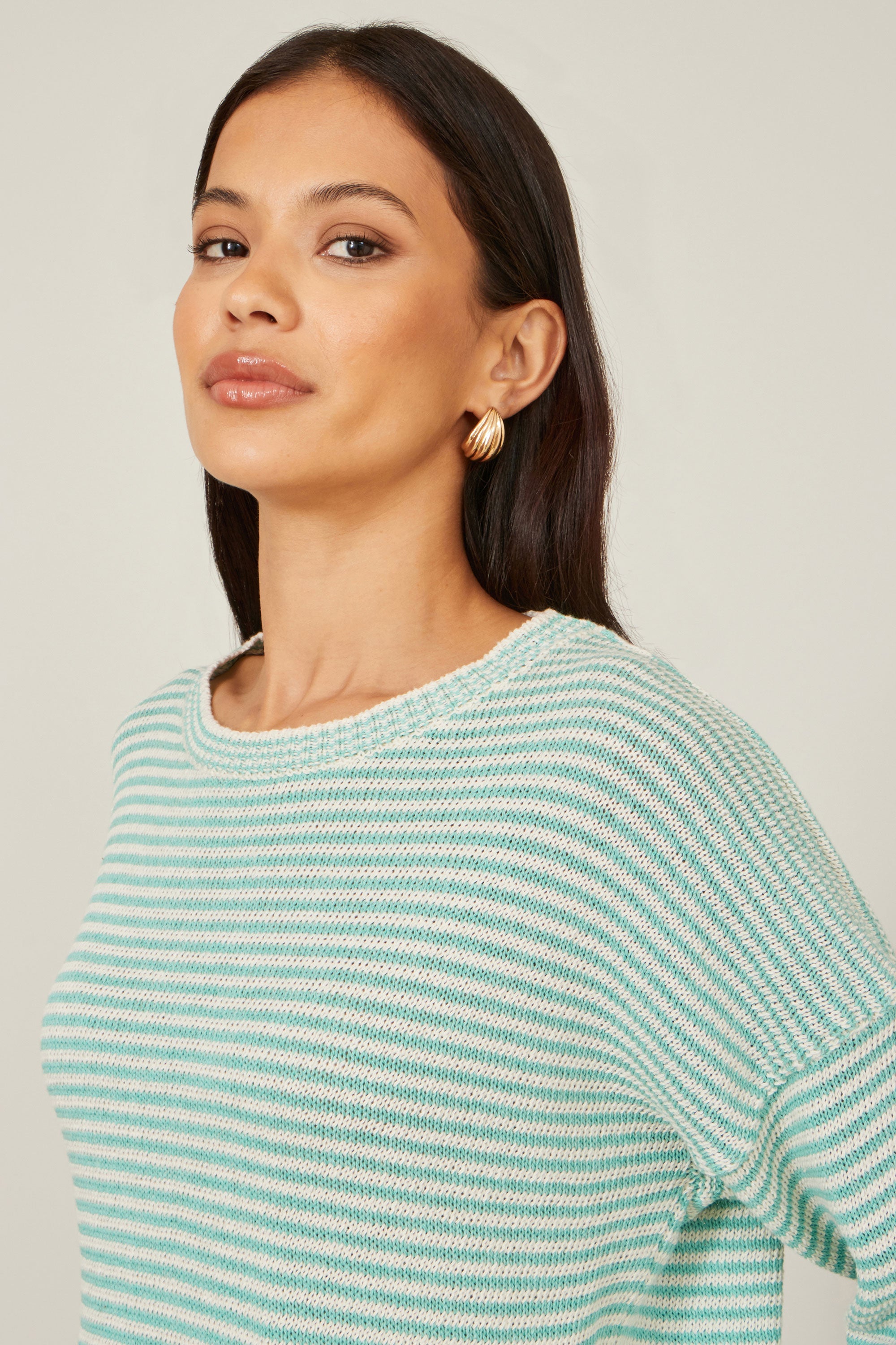 Yumi Sea Green Knitted Stripe Relaxed Jumper