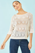 Yumi Beige Cotton Mix Relaxed Fit Pointelle Jumper - QHA UK