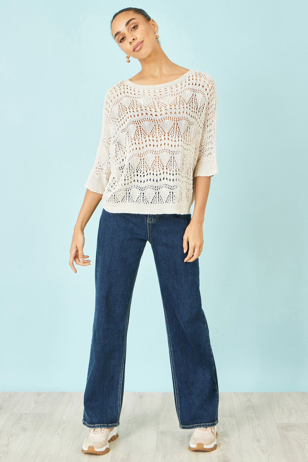 Yumi Beige Cotton Mix Relaxed Fit Pointelle Jumper
