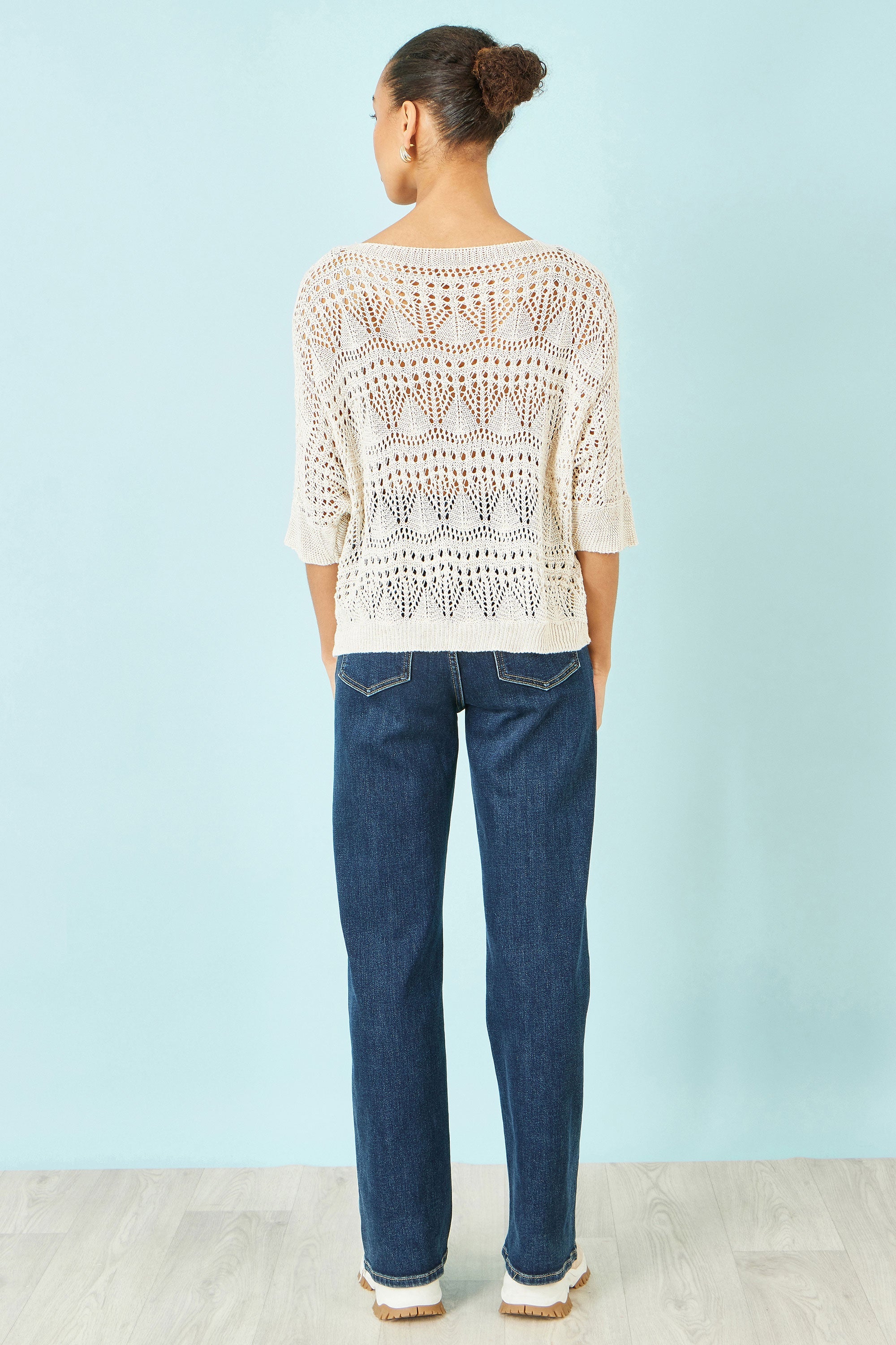 Yumi Beige Cotton Mix Relaxed Fit Pointelle Jumper