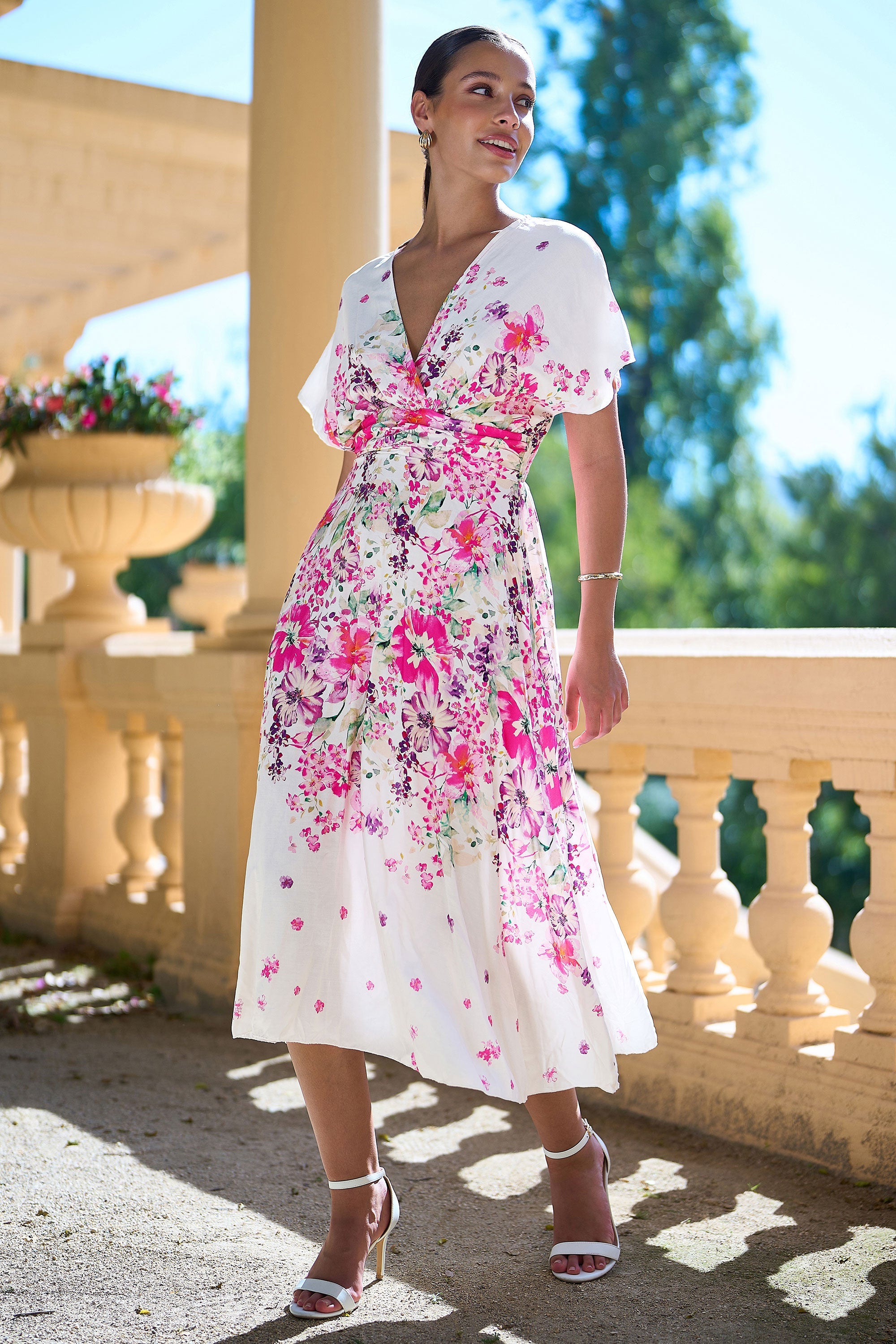 Yumi Pink Mirror Floral Print Ruched Waist Kimono Midi Dress - QHA UK