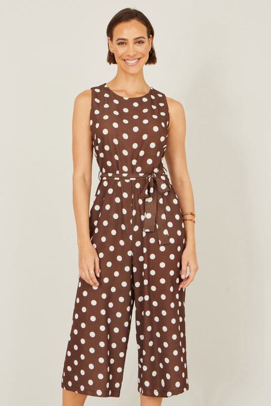 Yumi Brown Polka Dot Culotte Jumpsuit - QHA UK