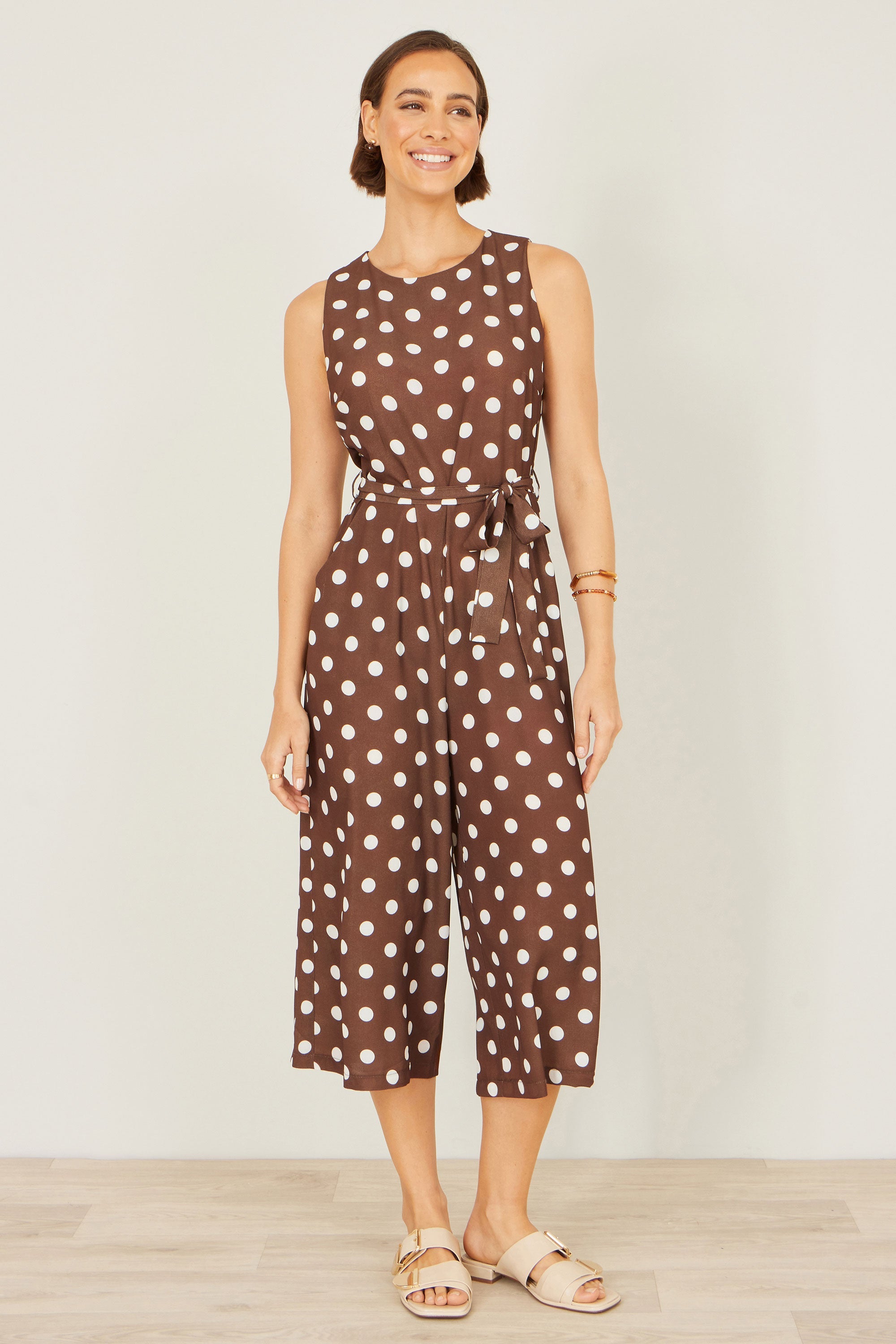 Yumi Brown Polka Dot Culotte Jumpsuit