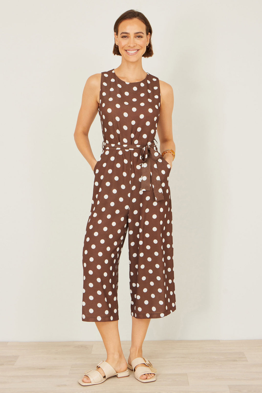 Yumi Brown Polka Dot Culotte Jumpsuit