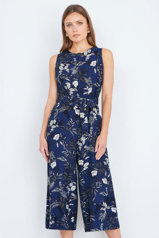 Yumi Navy Leaf Culotte Jumpsuit - QHA UK