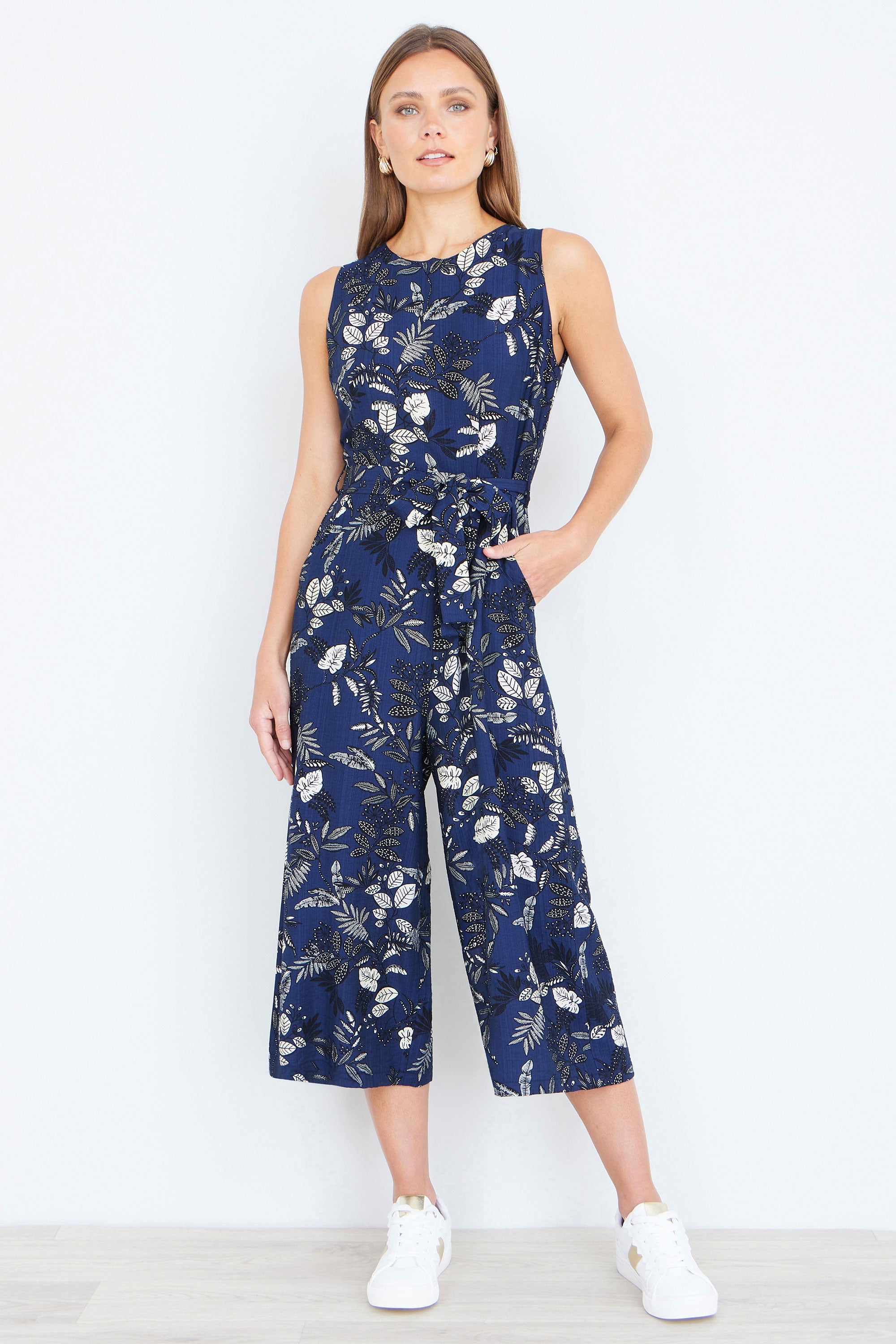Yumi Navy Leaf Culotte Jumpsuit - QHA UK