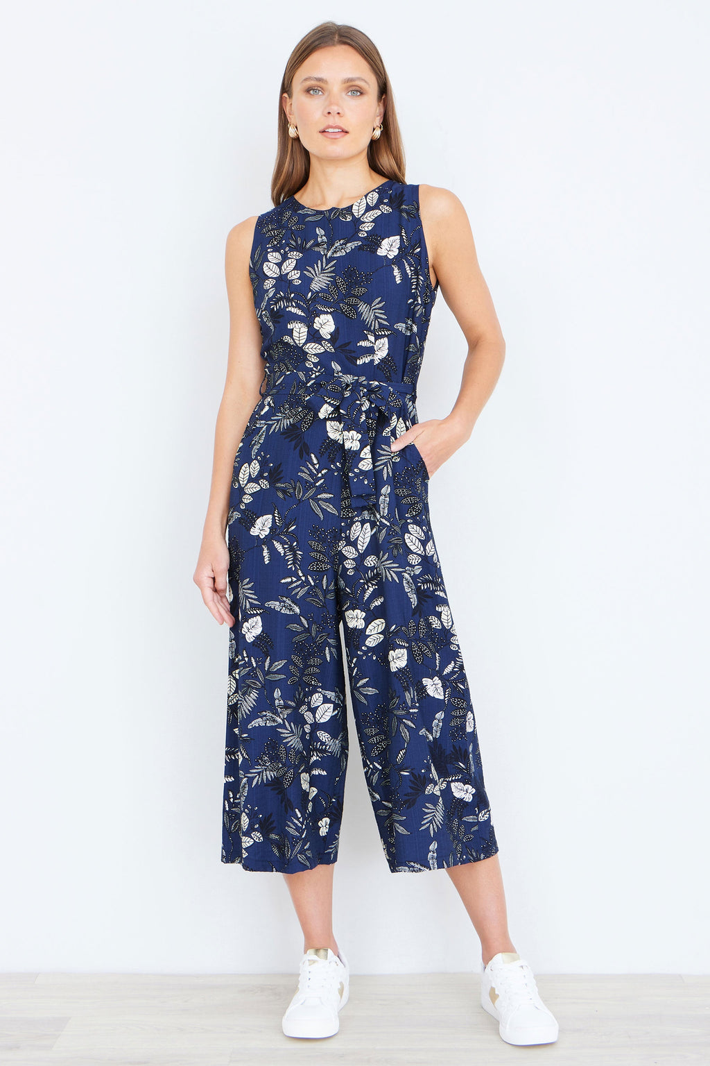 Yumi Navy Leaf Culotte Jumpsuit - QHA UK