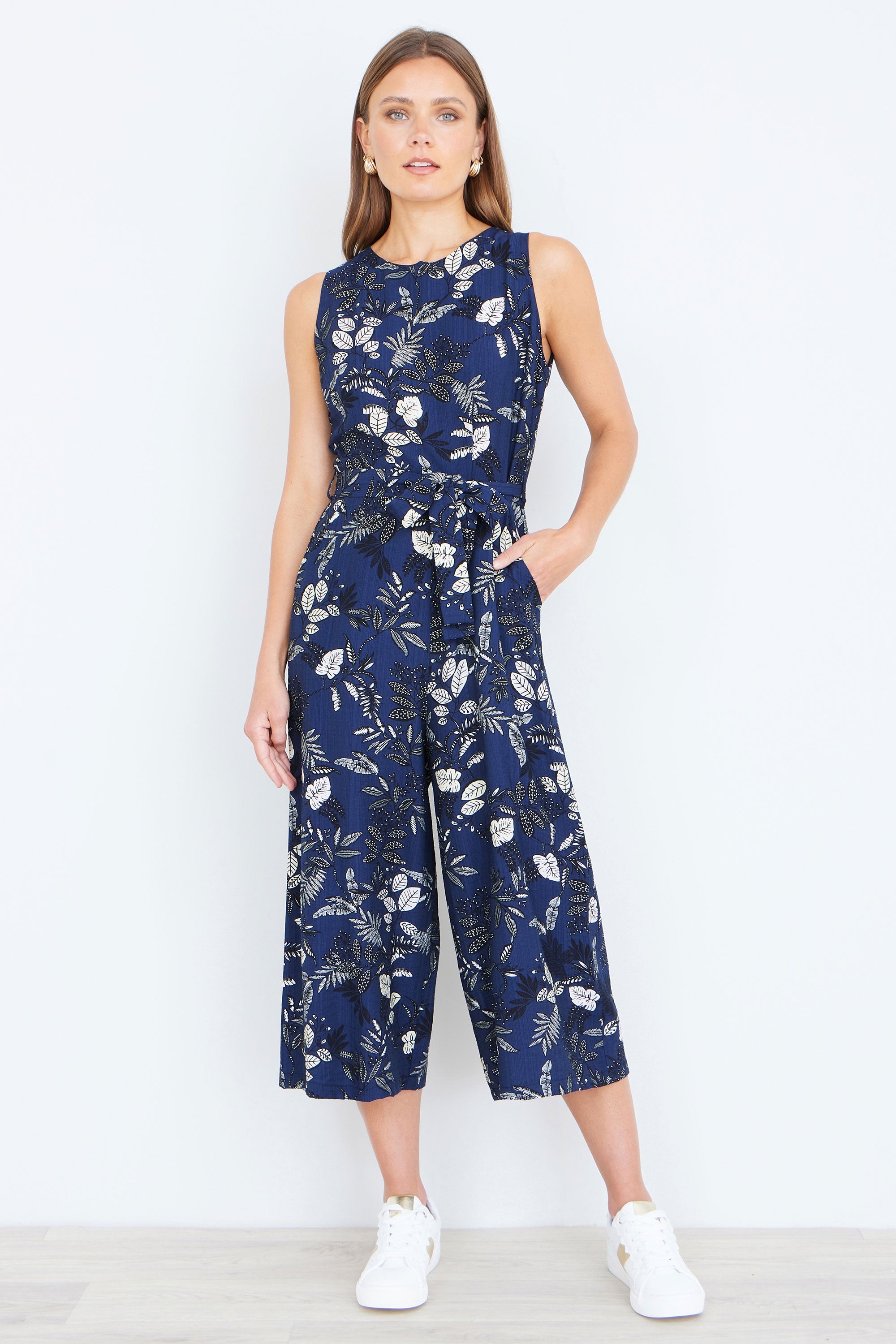 Yumi Navy Leaf Culotte Jumpsuit