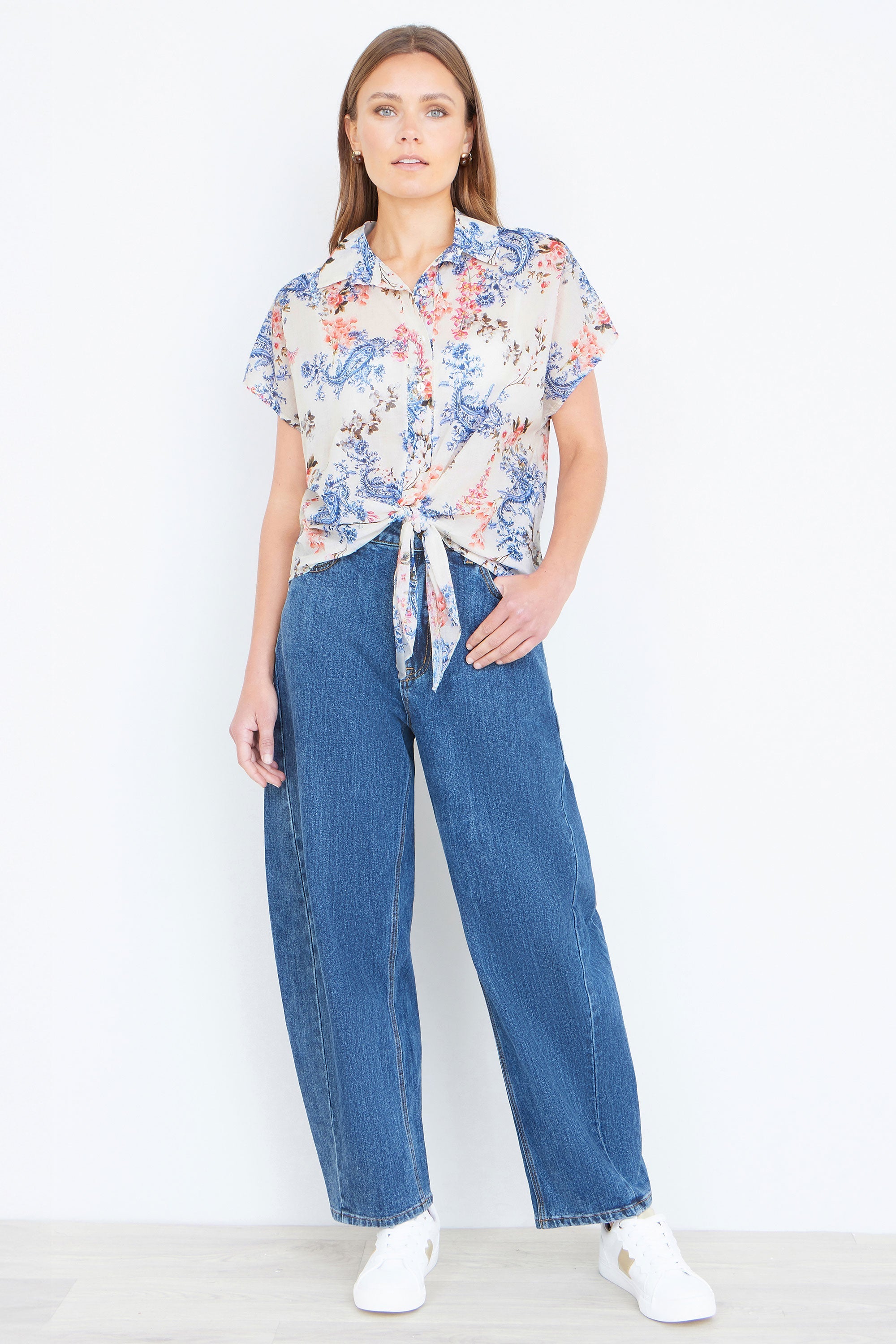 Womens Cotton Paisley Print Tie Front Shirt Short Sleeve Summer Blouse - QHA UK