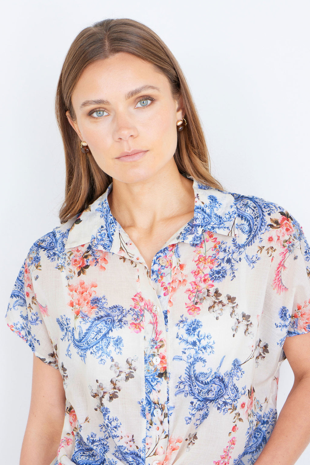 Womens Cotton Paisley Print Tie Front Shirt Short Sleeve Summer Blouse - QHA UK