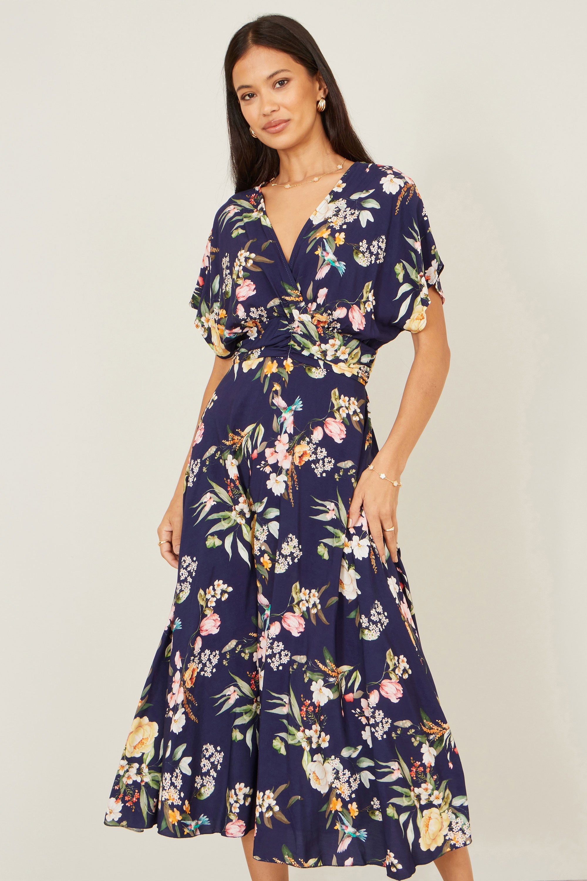 Yumi Navy Viscose Floral Print Midi Dress With Ruched Waist - QHA UK