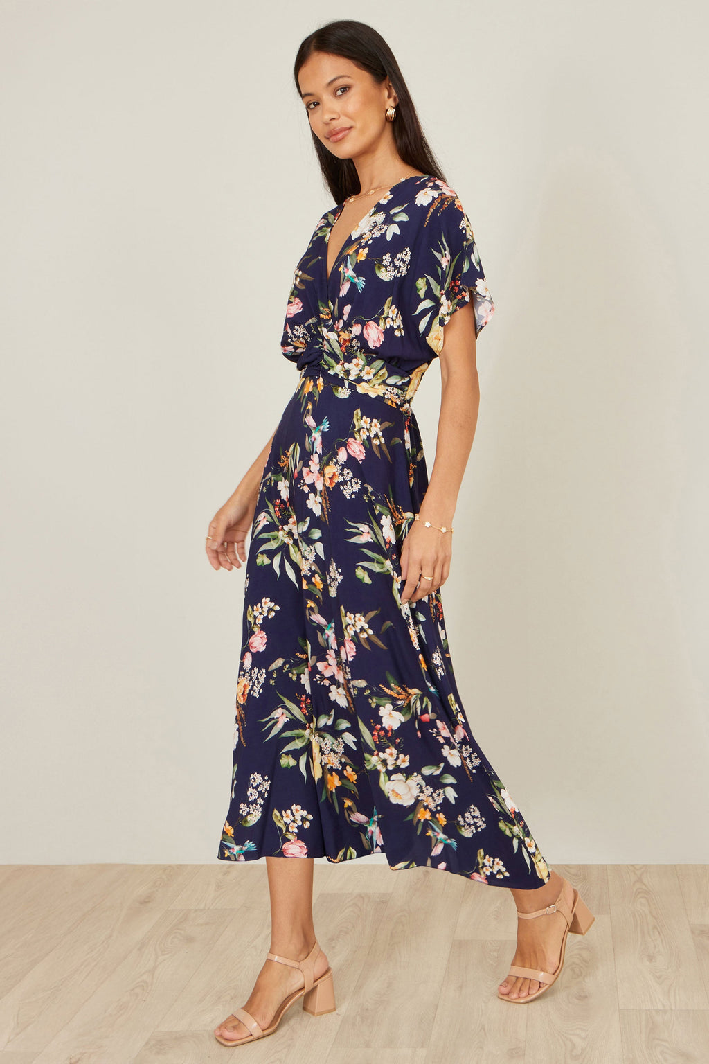 Yumi Navy Viscose Floral Print Midi Dress With Ruched Waist - QHA UK