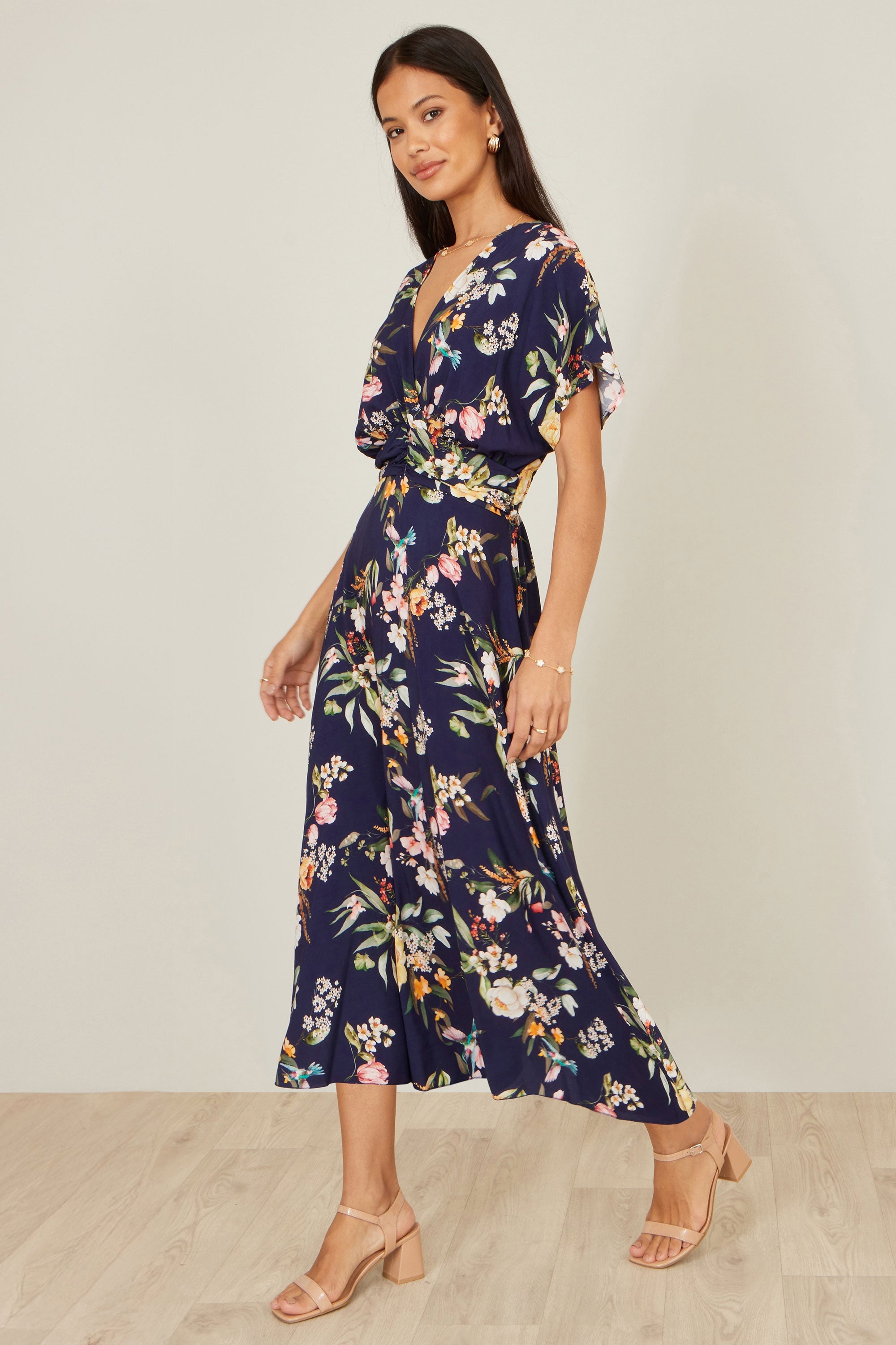 Yumi Navy Viscose Floral Print Midi Dress With Ruched Waist - QHA UK