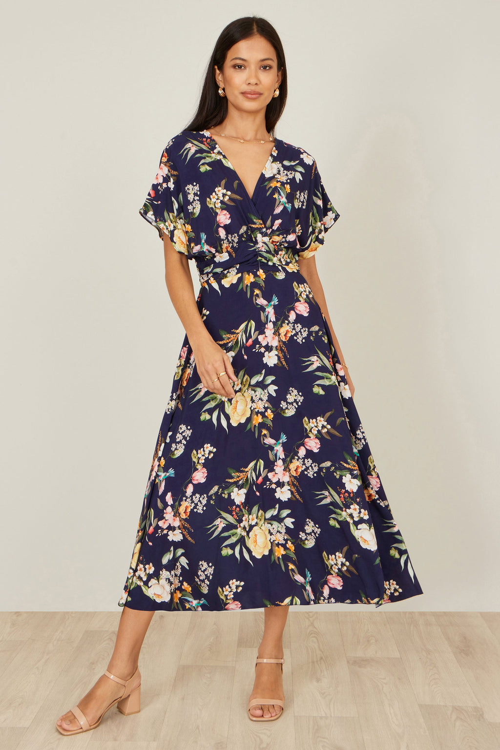 Yumi Navy Viscose Floral Print Midi Dress With Ruched Waist - QHA UK