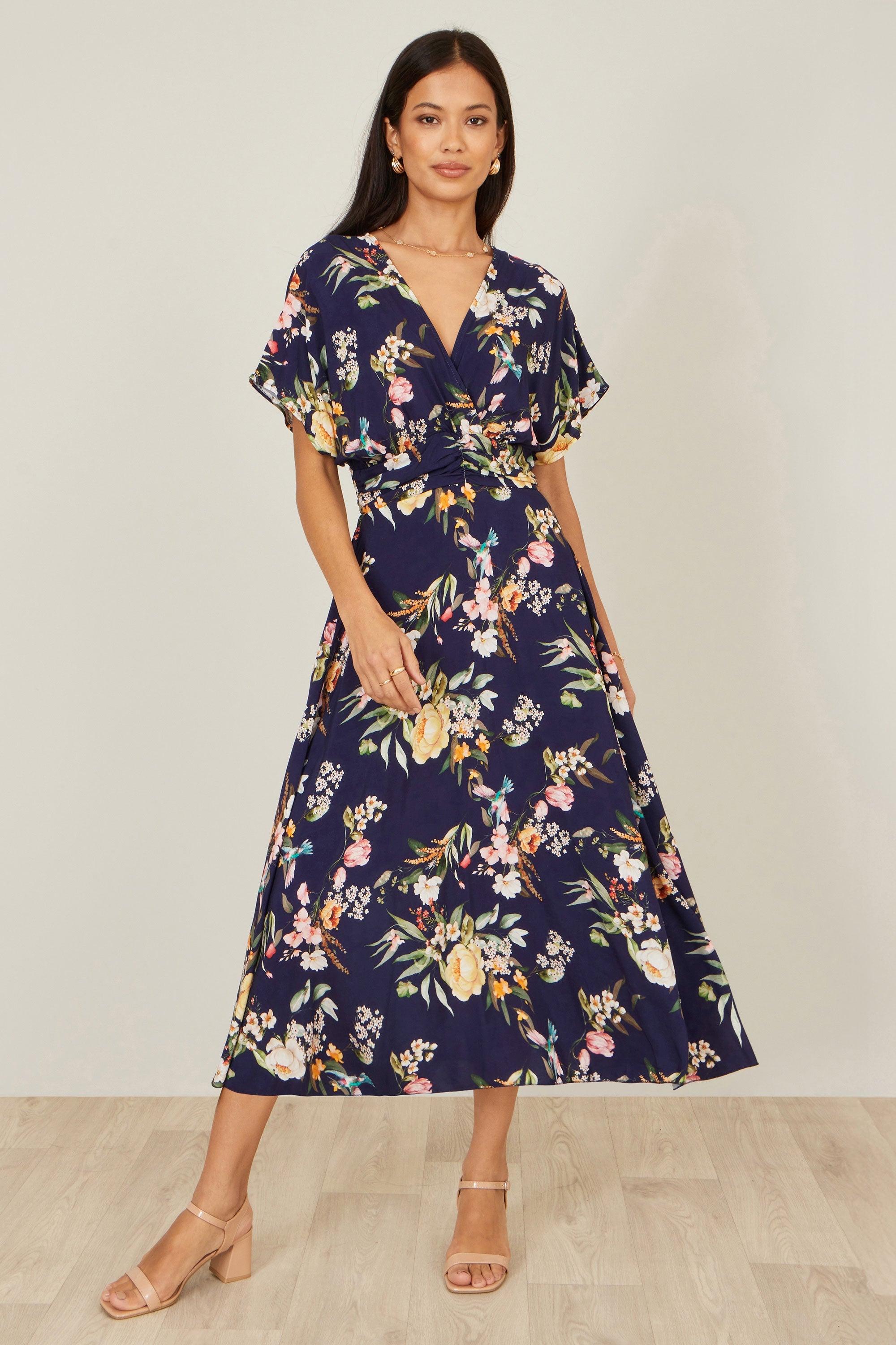 Yumi Navy Viscose Floral Print Midi Dress With Ruched Waist - QHA UK