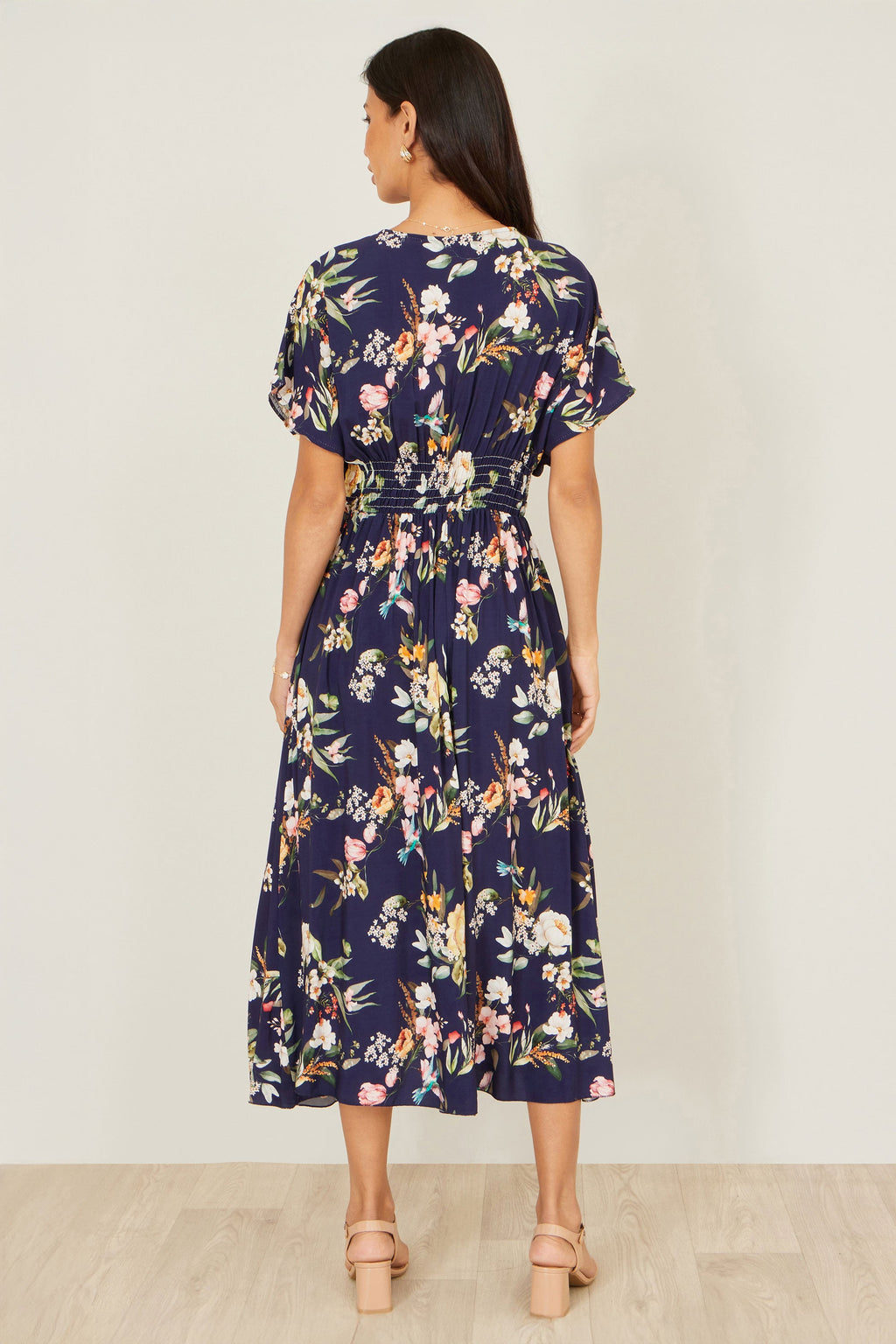 Yumi Navy Viscose Floral Print Midi Dress With Ruched Waist - QHA UK