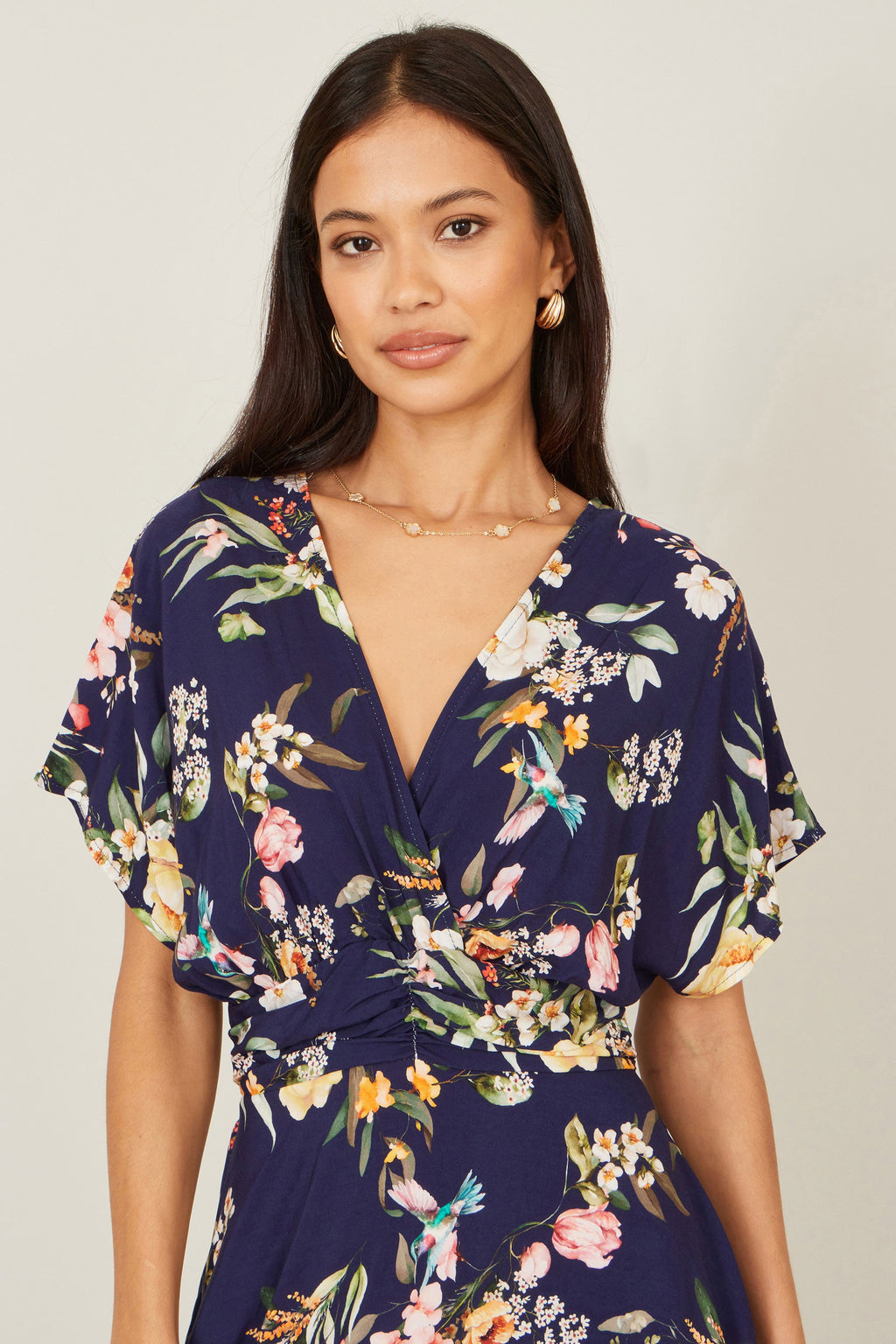 Yumi Navy Viscose Floral Print Midi Dress With Ruched Waist - QHA UK