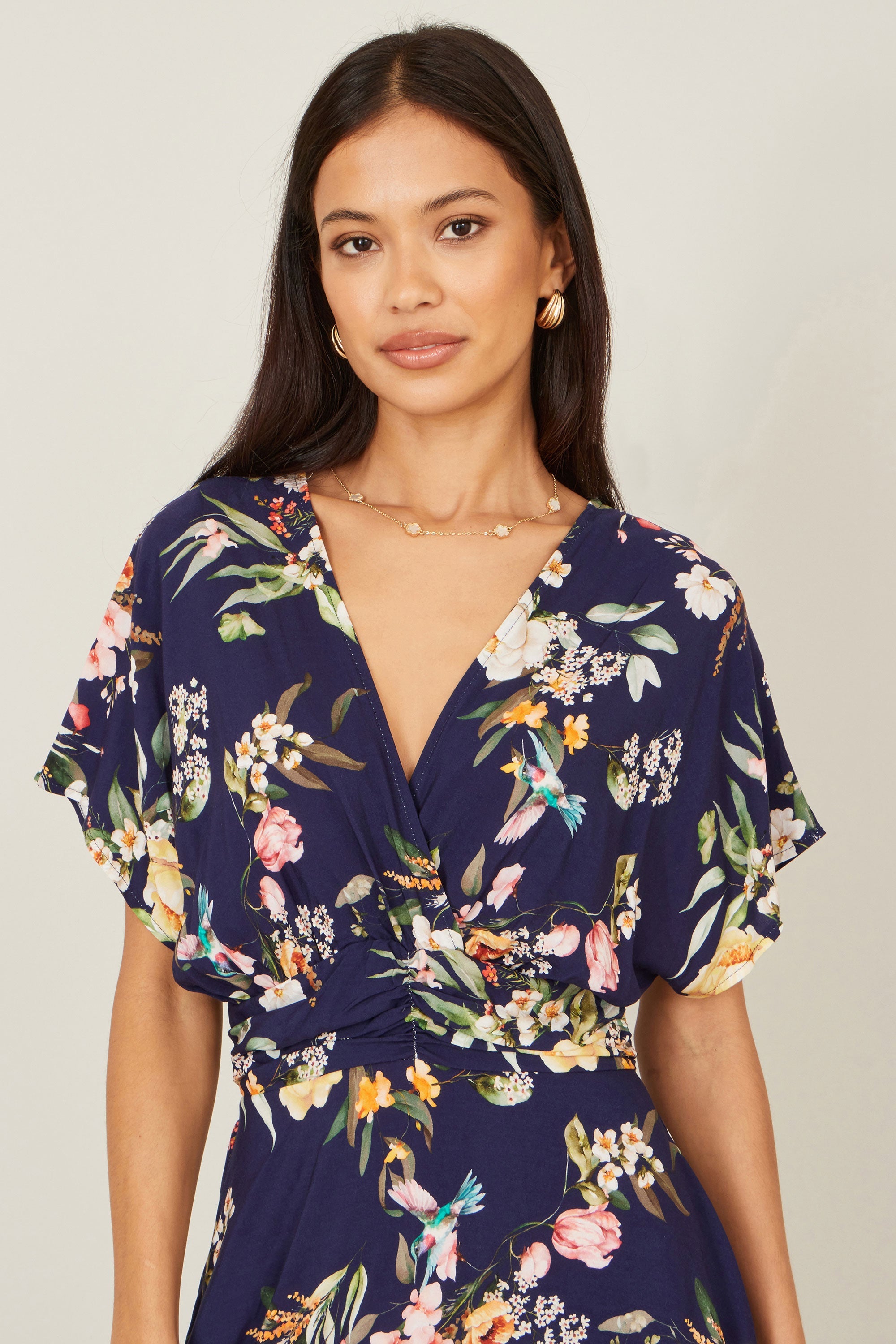 Yumi Navy Viscose Floral Print Midi Dress With Ruched Waist - QHA UK