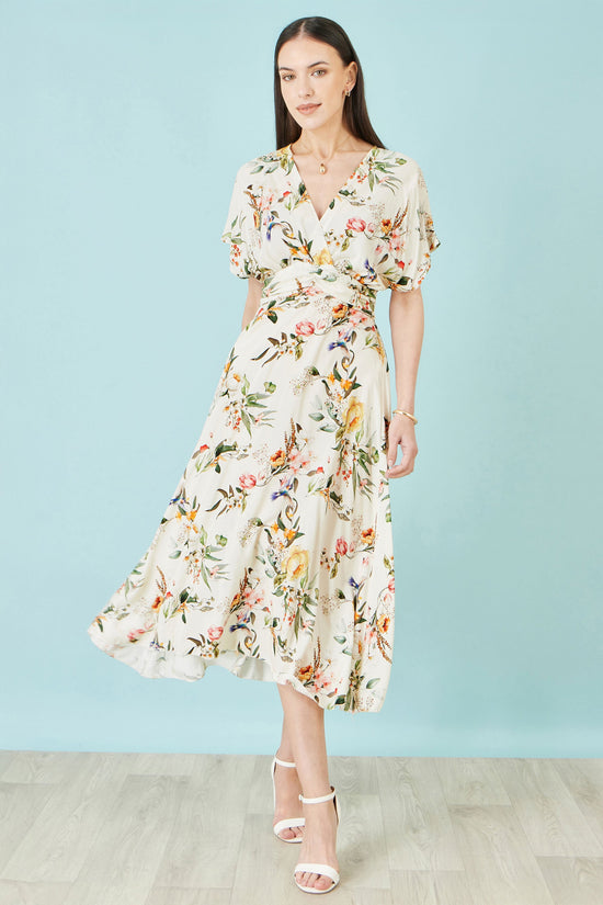 Yumi Ivory Viscose Floral Print Midi Dress With Ruched Waist - QHA UK