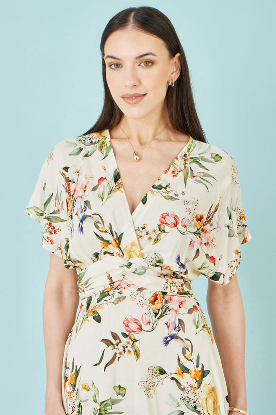 Yumi Ivory Viscose Floral Print Midi Dress With Ruched Waist - QHA UK