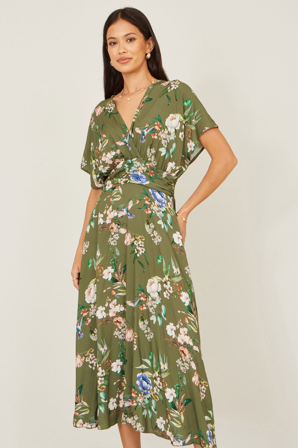 Yumi Sage Green Viscose Floral Print Midi Dress With Ruched Waist - QHA UK