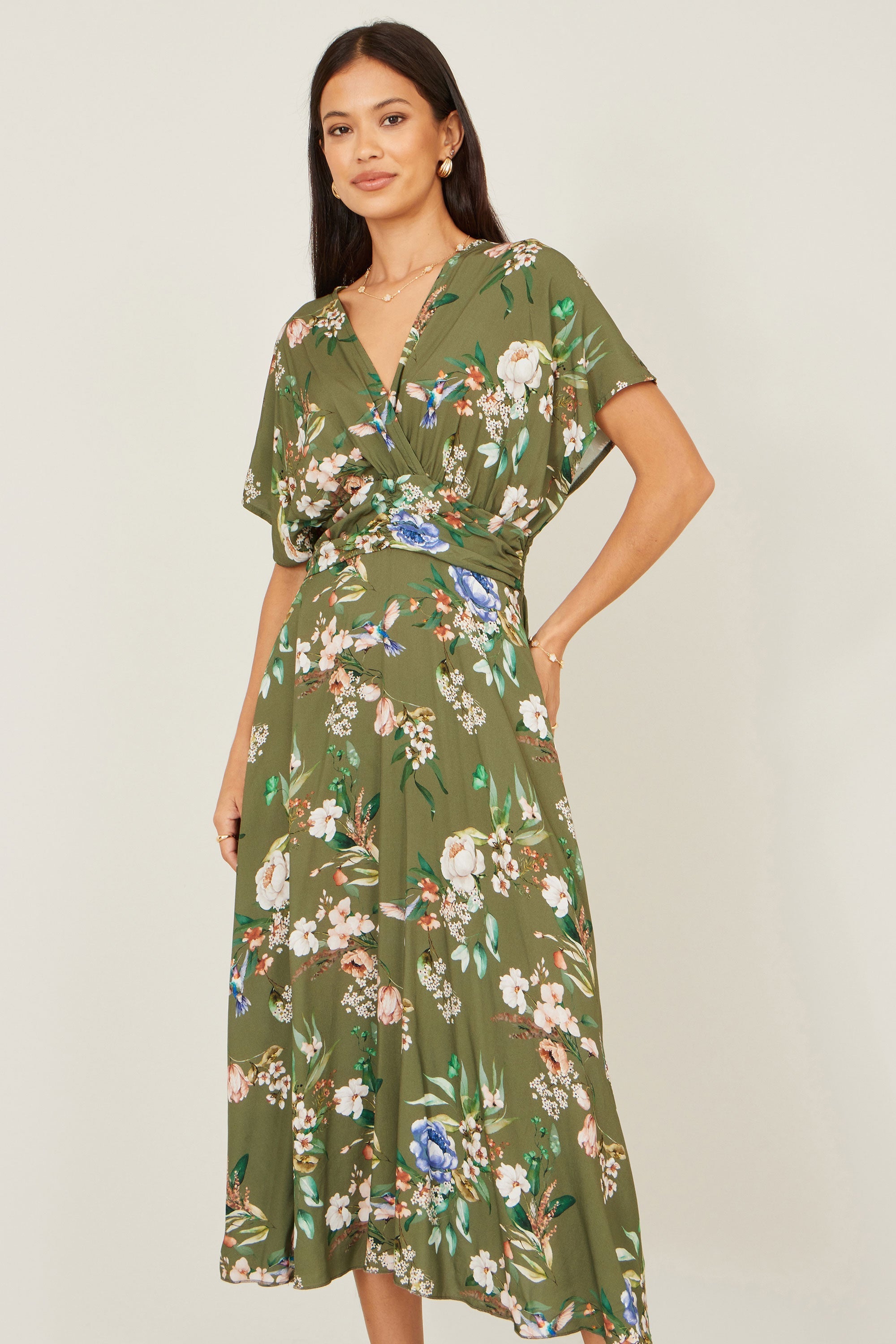 Yumi Sage Green Viscose Floral Print Midi Dress With Ruched Waist - QHA UK