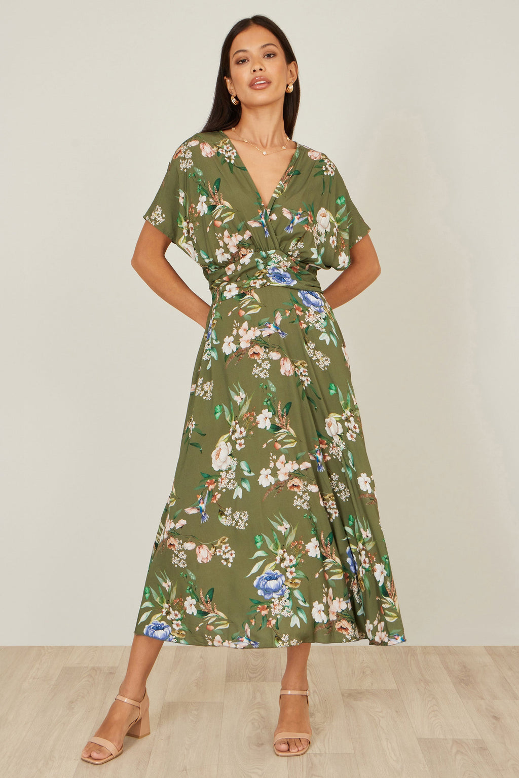 Yumi Sage Green Viscose Floral Print Midi Dress With Ruched Waist - QHA UK