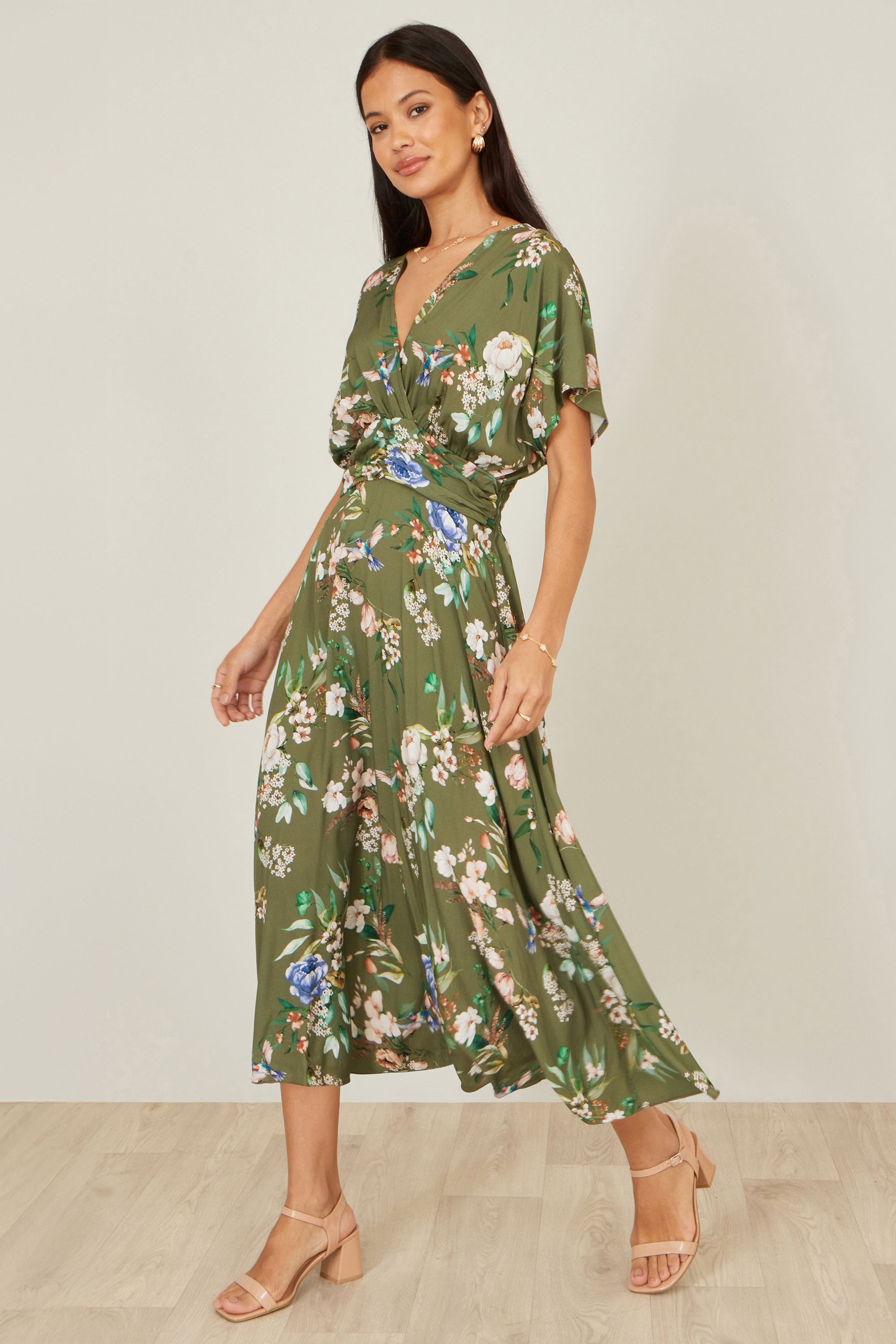 Yumi Sage Green Viscose Floral Print Midi Dress With Ruched Waist - QHA UK