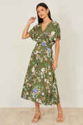 Yumi Sage Green Viscose Floral Print Midi Dress With Ruched Waist - QHA UK