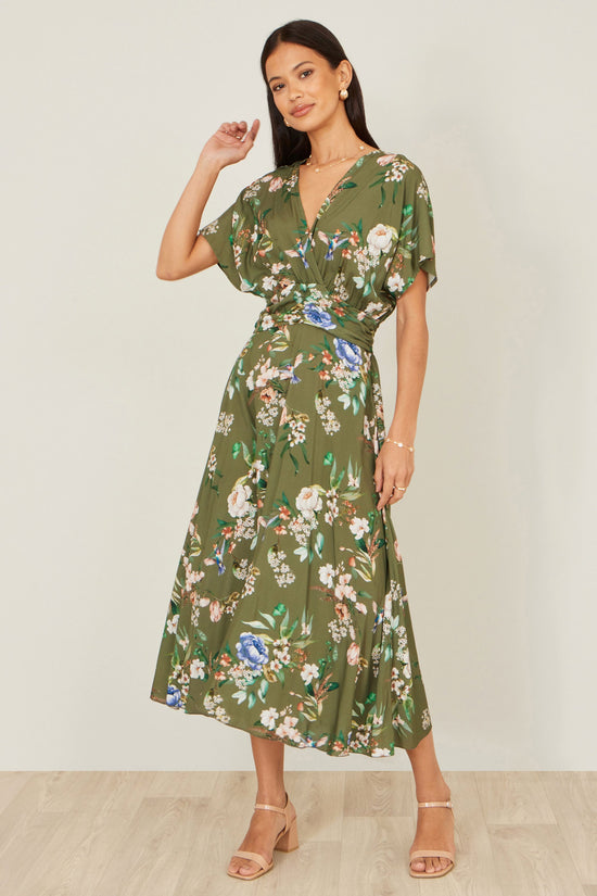 Yumi Sage Green Viscose Floral Print Midi Dress With Ruched Waist - QHA UK