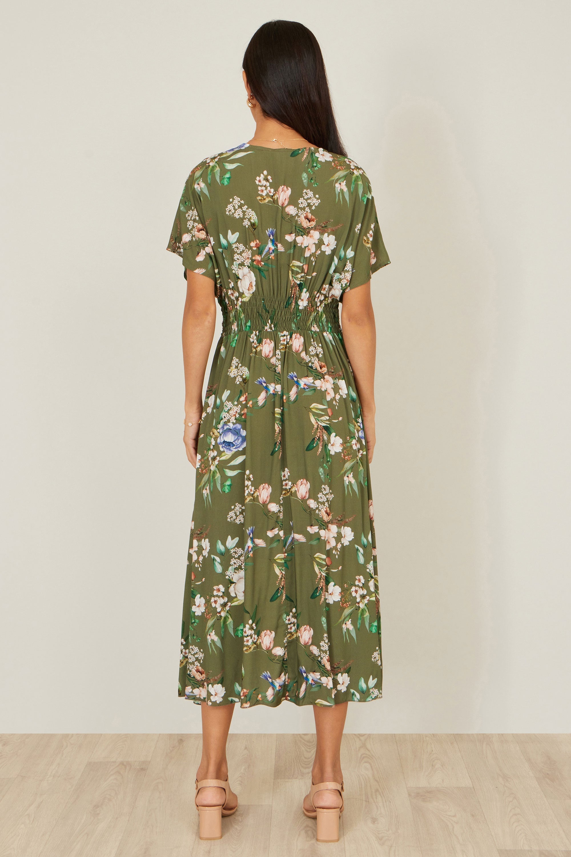 Yumi Sage Green Viscose Floral Print Midi Dress With Ruched Waist - QHA UK