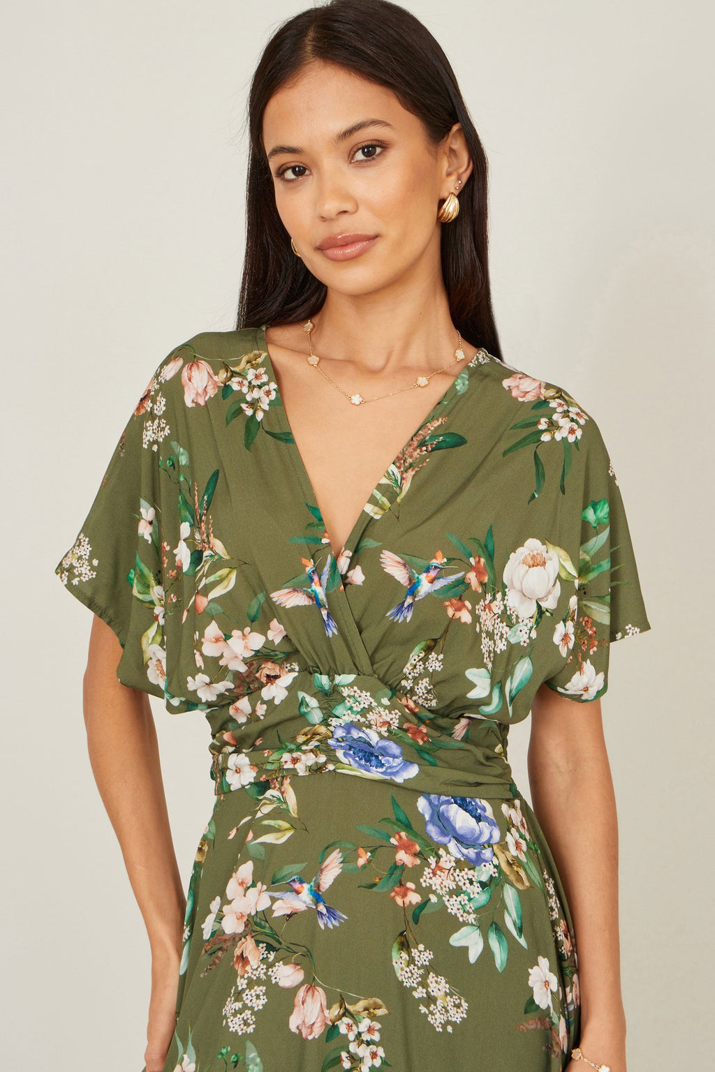 Yumi Sage Green Viscose Floral Print Midi Dress With Ruched Waist - QHA UK