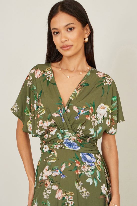 Yumi Sage Green Viscose Floral Print Midi Dress With Ruched Waist - QHA UK