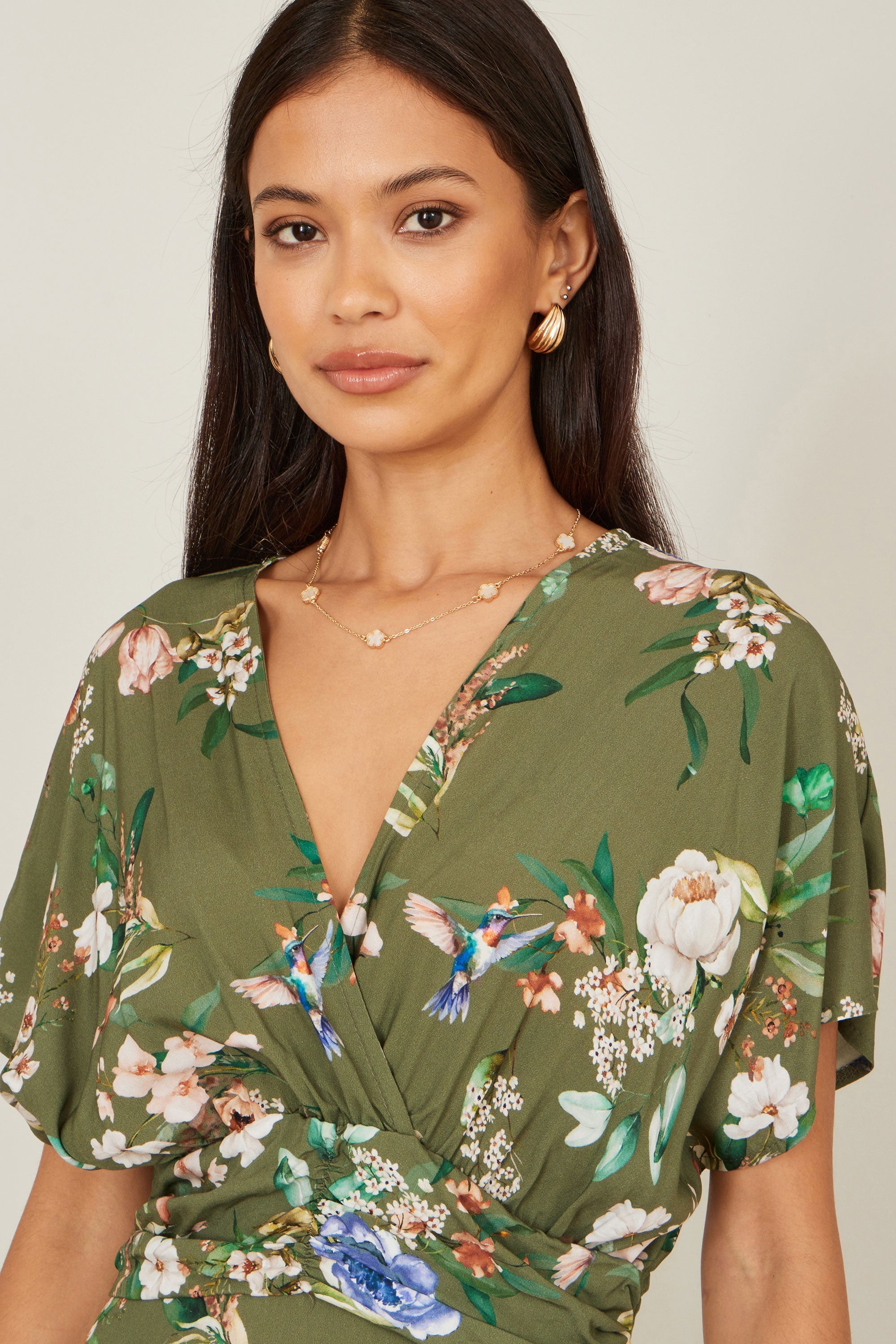 Yumi Sage Green Viscose Floral Print Midi Dress With Ruched Waist - QHA UK