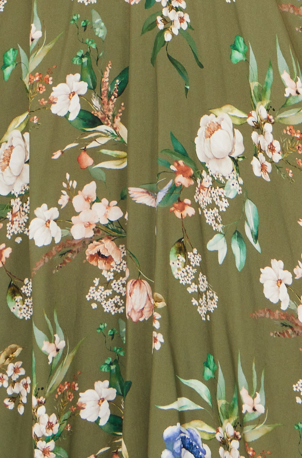 Yumi Sage Green Viscose Floral Print Midi Dress With Ruched Waist - QHA UK