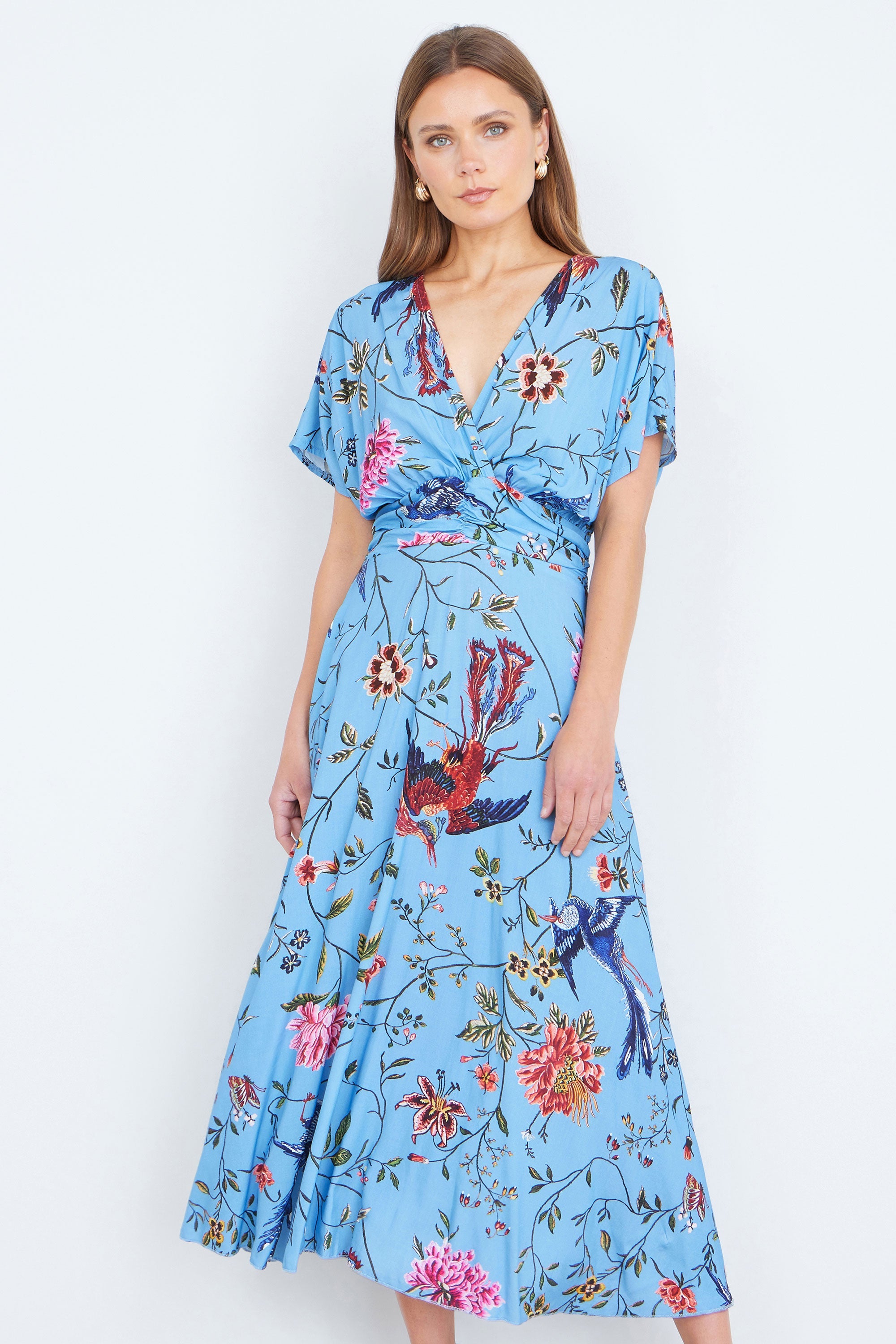 Yumi Blue Viscose Bird And Floral Print Midi Dress With Ruched Waist - QHA UK