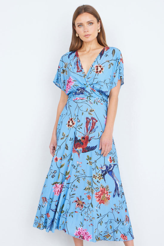 Yumi Blue Viscose Bird And Floral Print Midi Dress With Ruched Waist - QHA UK