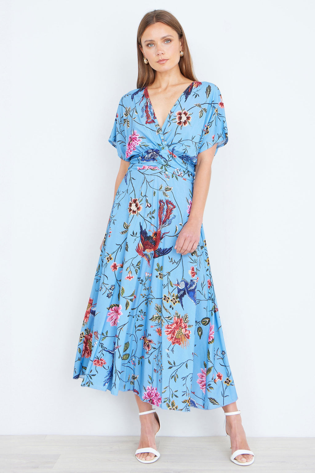 Yumi Blue Viscose Bird And Floral Print Midi Dress With Ruched Waist - QHA UK