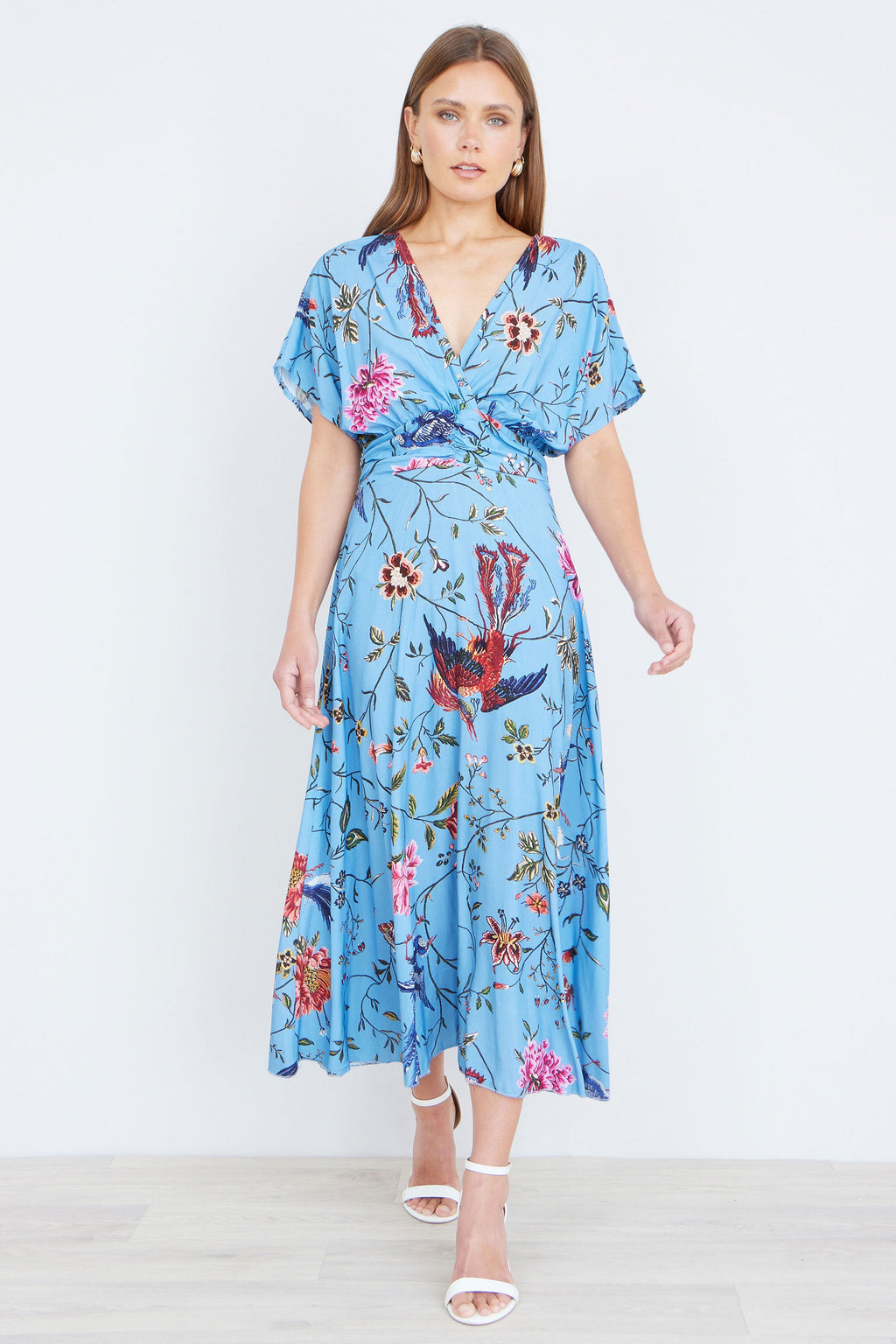 Yumi Blue Viscose Bird And Floral Print Midi Dress With Ruched Waist - QHA UK