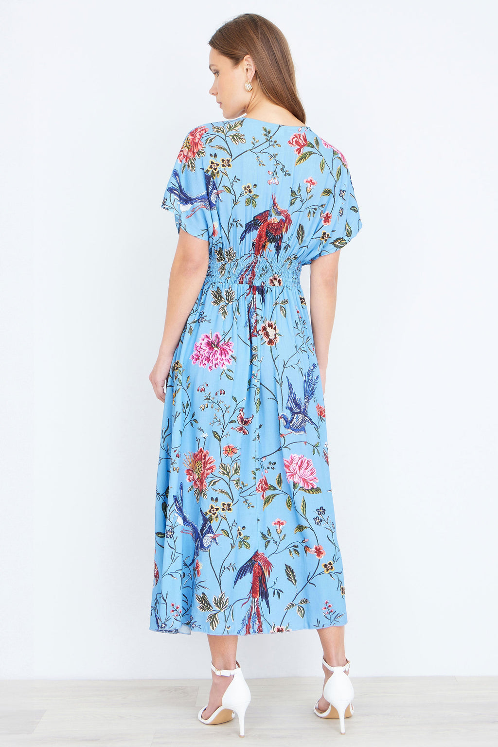 Yumi Blue Viscose Bird And Floral Print Midi Dress With Ruched Waist - QHA UK