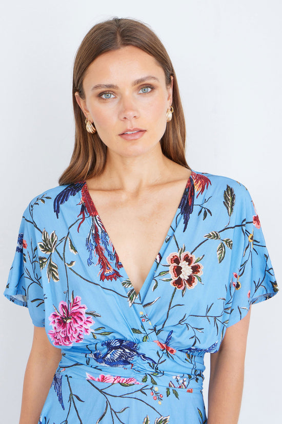 Yumi Blue Viscose Bird And Floral Print Midi Dress With Ruched Waist - QHA UK