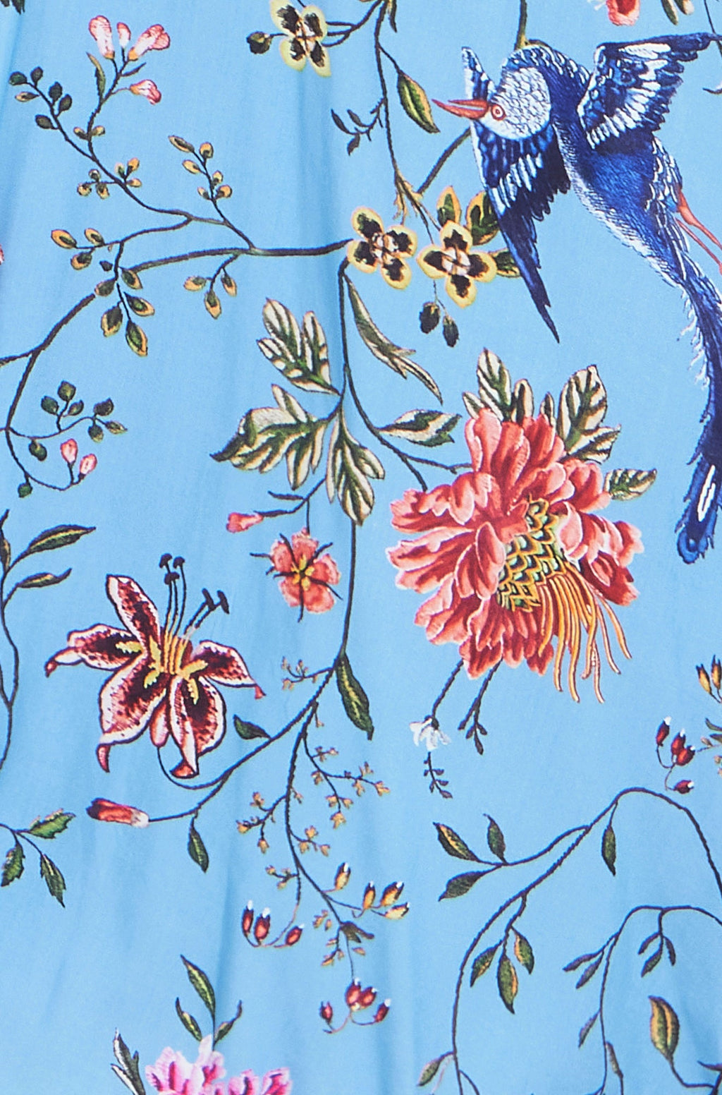 Yumi Blue Viscose Bird And Floral Print Midi Dress With Ruched Waist - QHA UK