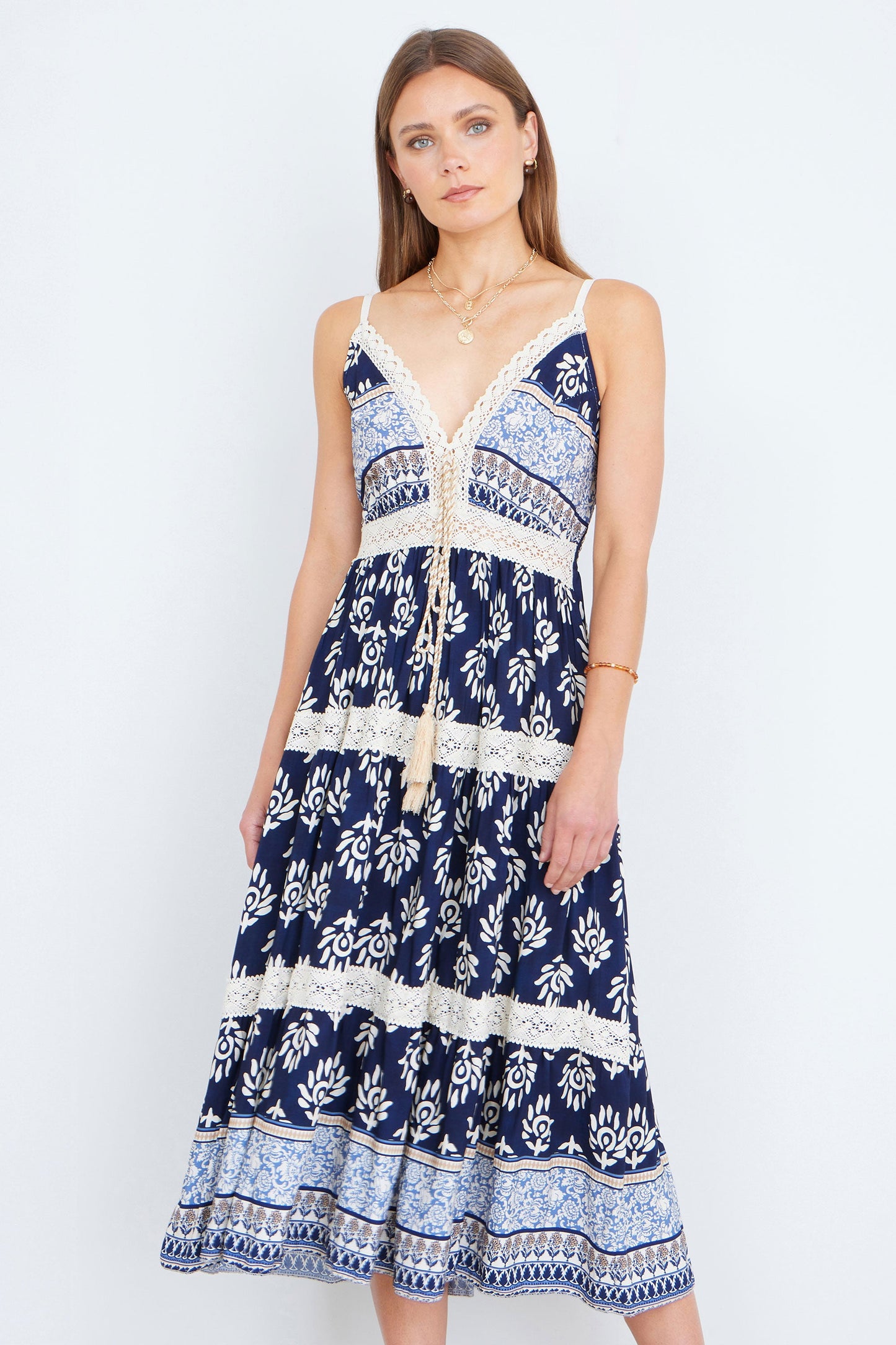 Yumi Women's Navy Boho Crochet Lace Trim Tiered Viscose Midi Dress Sizes 6–18