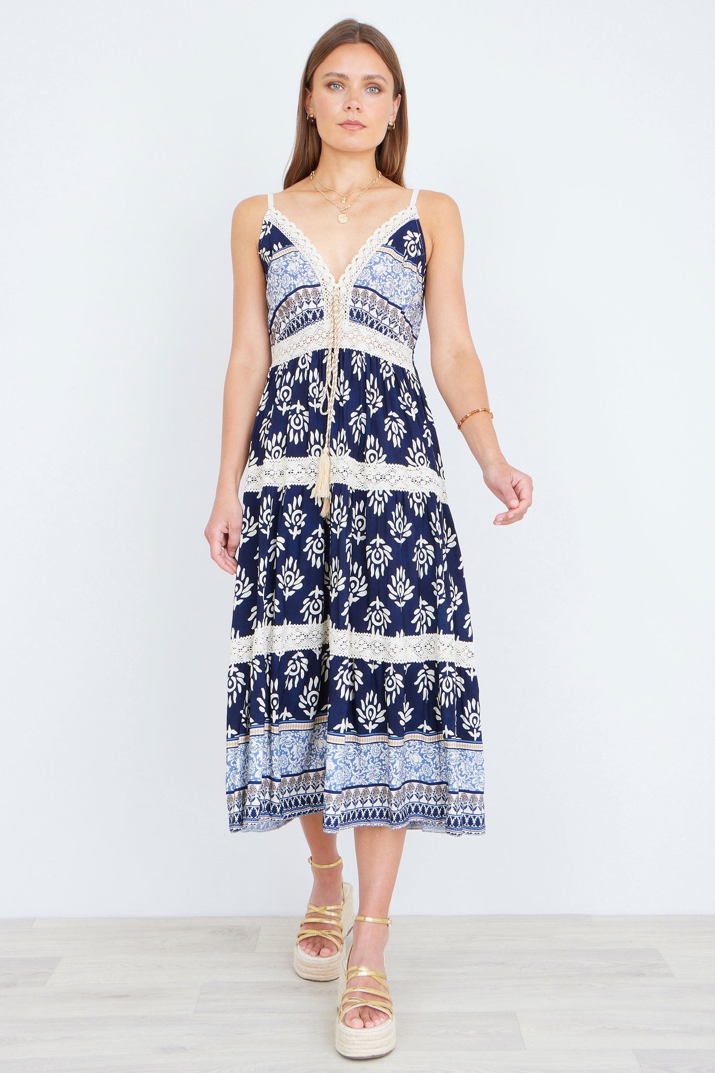 Yumi Women's Navy Boho Crochet Lace Trim Tiered Viscose Midi Dress Sizes 6–18