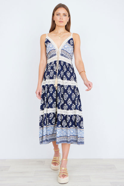Yumi Women's Navy Boho Crochet Lace Trim Tiered Viscose Midi Dress Sizes 6–18