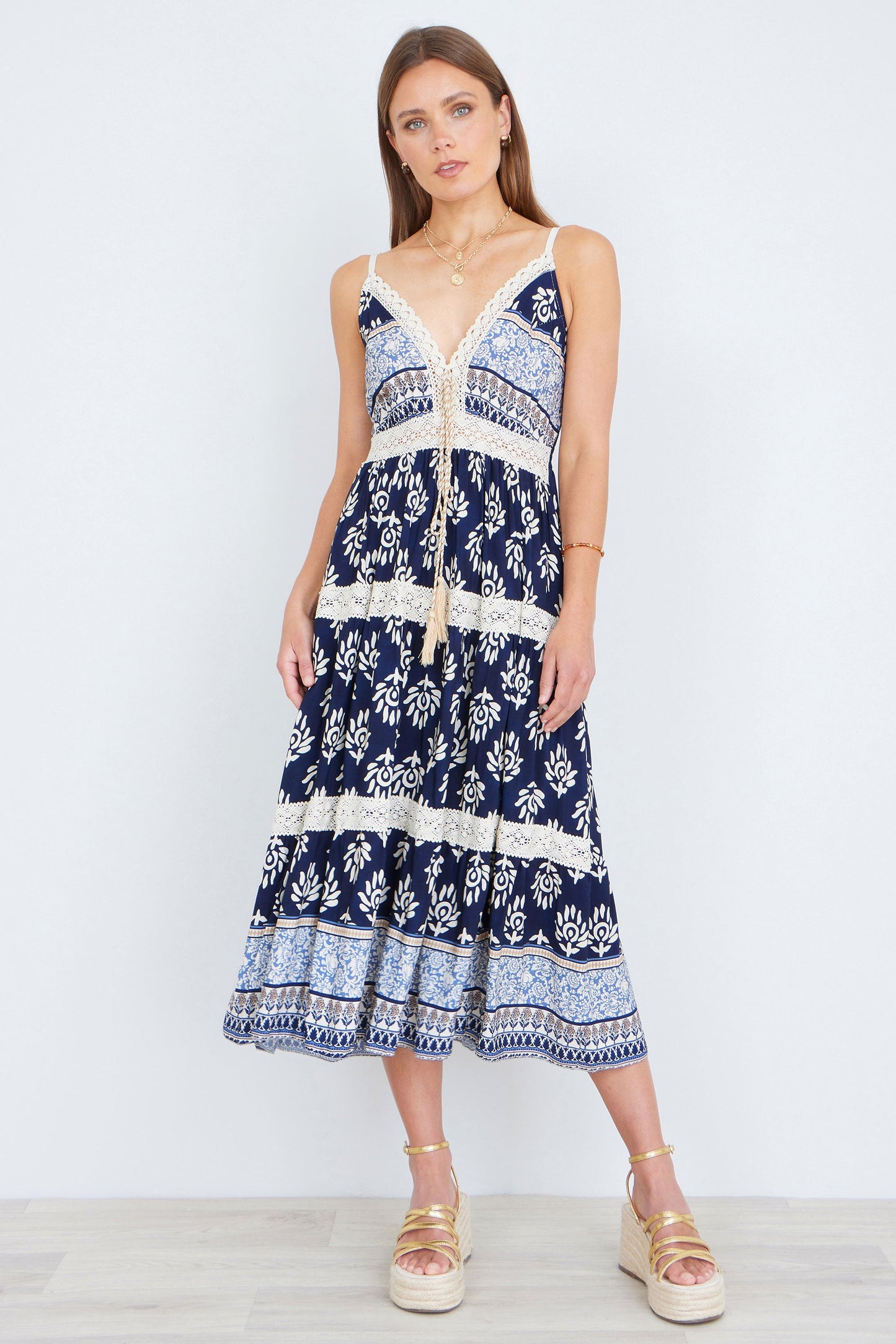 Yumi Women's Navy Boho Crochet Lace Trim Tiered Viscose Midi Dress Sizes 6–18