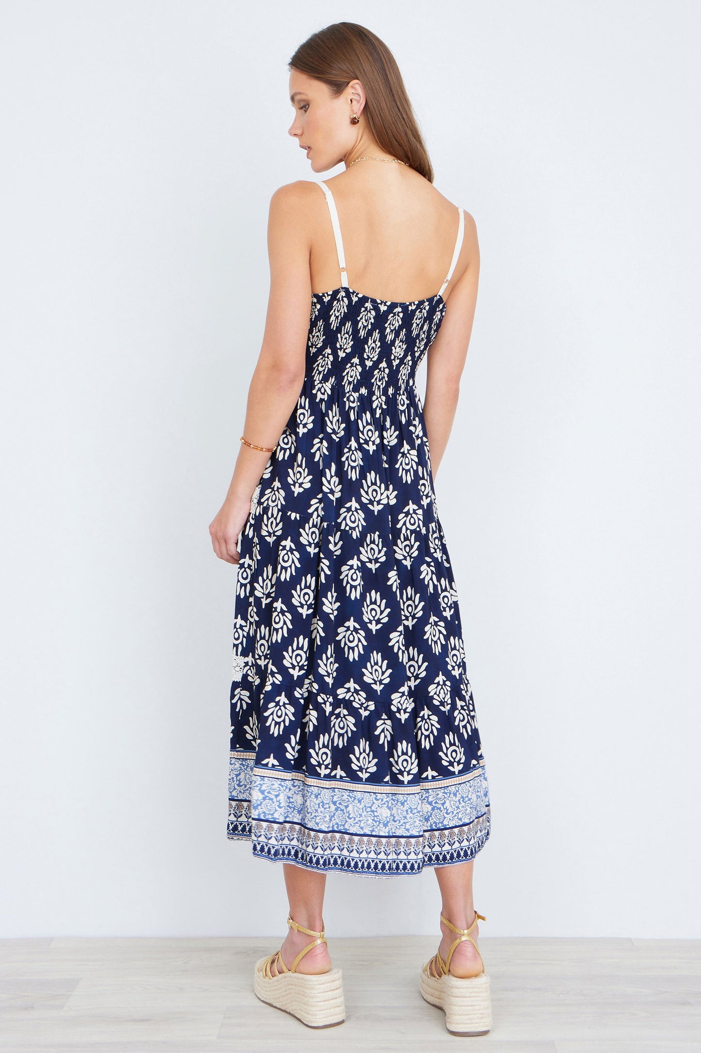 Yumi Women's Navy Boho Crochet Lace Trim Tiered Viscose Midi Dress Sizes 6–18
