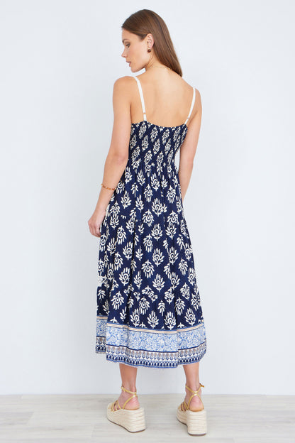 Yumi Women's Navy Boho Crochet Lace Trim Tiered Viscose Midi Dress Sizes 6–18