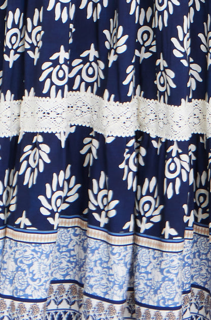 Yumi Women's Navy Boho Crochet Lace Trim Tiered Viscose Midi Dress Sizes 6–18